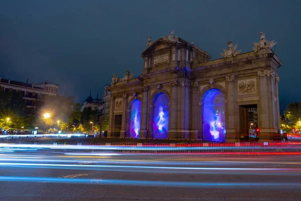 Madrid España Octubre 2021 Foto Nocturna Puerta Alcal Iluminada Sus — Foto de Stock