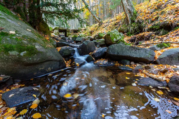 Moosiger Hochgebirgsfluss Herbst Berglandschaft Während — Stockfoto