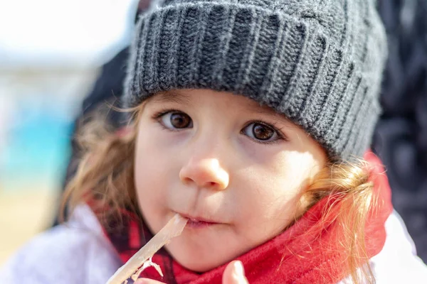 Little Girl Woolen Hat Red Scarf Eating Serrano Ham Children — Stockfoto