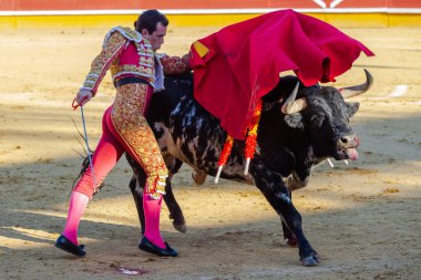 Madrid, İspanya 2 Nisan 2022 'de Madrid' deki El Alamo boğa ringinde düzenlendi. Cesur boğaların dövüşü. Madrid 'deki Chenel Kupası sırasında boğa güreşçisi Amor Rodriguez.