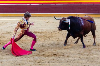 Madrid, İspanya 2 Nisan 2022 'de Madrid' deki El Alamo boğa ringinde düzenlendi. Cesur boğaların dövüşü. Madrid 'deki Chenel Kupası sırasında boğa güreşçisi Javier Jimenez.