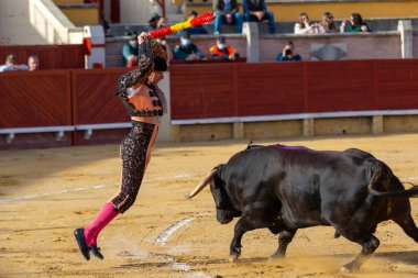 Madrid, İspanya - 9 Nisan 2022: Miraflores de la Sierra 'da Chenel Kupası. Yarışma sırasında boğanın yanında Banderilleros vardı. Boğa güreşi.