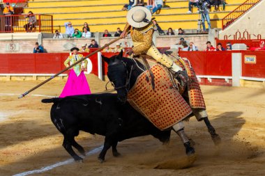 Madrid, İspanya - 9 Nisan 2022: Miraflores de la Sierra 'da Chenel Kupası. At boğa güreşi sırasında boğa tarafından giydirilir..