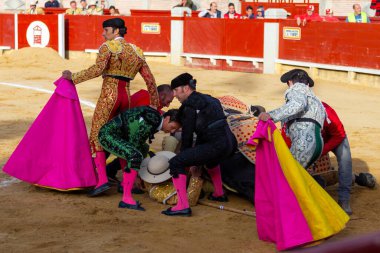 Madrid, İspanya - 9 Nisan 2022: Miraflores de la Sierra 'da Chenel Kupası. At boğa güreşi sırasında boğa tarafından giydirilir..