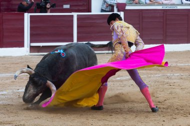 Madrid, İspanya... 30 Nisan 2022, San Martin de Valdeiglesias 'ta boğa güreşi. Pelerinli boğa güreşçisi. Boğa güreşi. Boğa güreşçisi boğa güreşine pelerin veriyor..