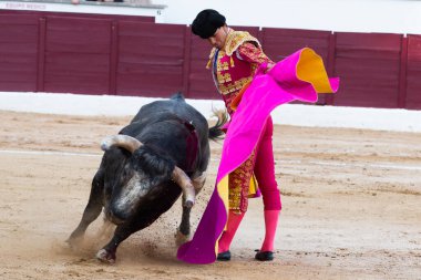 Madrid, İspanya... 30 Nisan 2022, San Martin de Valdeiglesias 'ta boğa güreşi. Pelerinli boğa güreşçisi. Boğa güreşi. Boğa güreşçisi boğa güreşine pelerin veriyor..