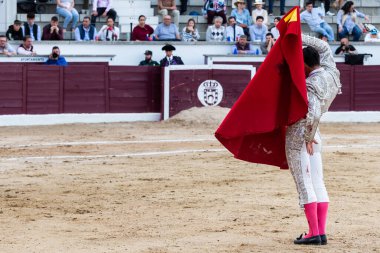 Madrid, İspanya... 30 Nisan 2022, San Martin de Valdeiglesias 'ta boğa güreşi. Koltuk değneği olan boğa güreşçisi. Boğa güreşi. Boğa güreşçisi ringde boğaya pas veriyor..