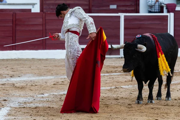 マドリード スペイン 2022年4月30日 マルタン Valdeiglesiasで闘牛 松葉杖を持つ闘牛士 闘牛士が闘牛場にマルタパスを与える — ストック写真