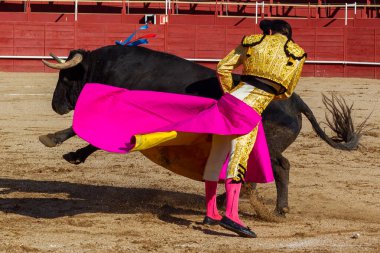 Madrid, İspanya... 30 Nisan 2022, San Martin de Valdeiglesias 'ta boğa güreşi. Pelerinli boğa güreşçisi. Boğa güreşi. Boğa güreşçisi boğa güreşine pelerin veriyor..