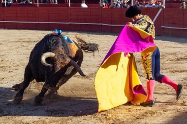 Madrid, İspanya... 30 Nisan 2022, San Martin de Valdeiglesias 'ta boğa güreşi. Pelerinli boğa güreşçisi. Boğa güreşi. Boğa güreşçisi boğa güreşine pelerin veriyor..