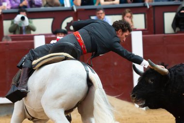 Madrid, İspanya... 14 Mayıs 2022 Las Ventas boğa güreşçisi ile boğa güreşi. Rejoneo boğa güreşi.