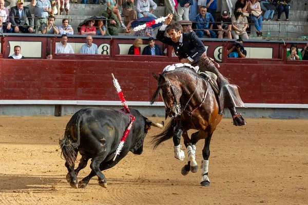 西班牙马德里 2022年5月14日 在拉斯文塔斗牛场与骑马的斗牛士斗牛 Rejoneo斗牛 — 图库照片