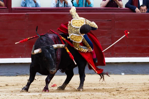 西班牙马德里 2022年6月2日 拉斐尔 冈萨雷斯在马德里的拉斯温塔斯斗牛场上被罚下 斗牛士用拐杖斗牛士 — 图库照片