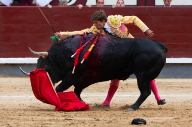 Madrid, İspanya - 2 Haziran 2022 Madrid 'deki Las Ventas boğa güreşi sırasında Juan Leal koltuk değneğiyle. Koltuk değneği olan boğa güreşçisi..