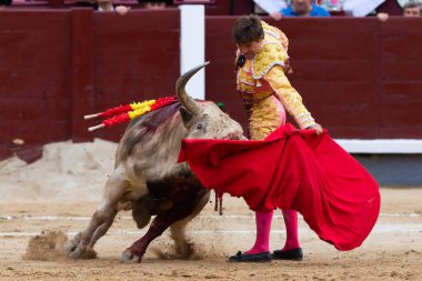 Madrid, İspanya - 2 Haziran 2022 Madrid 'deki Las Ventas boğa güreşi sırasında Juan Leal koltuk değneğiyle. Koltuk değneği olan boğa güreşçisi..