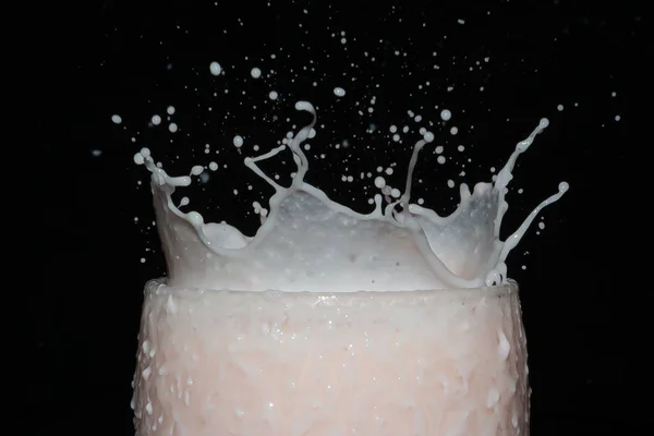Fruit Yogurt Splash Glass Cup Black Background Fruit Falling Glass — Stock Photo, Image