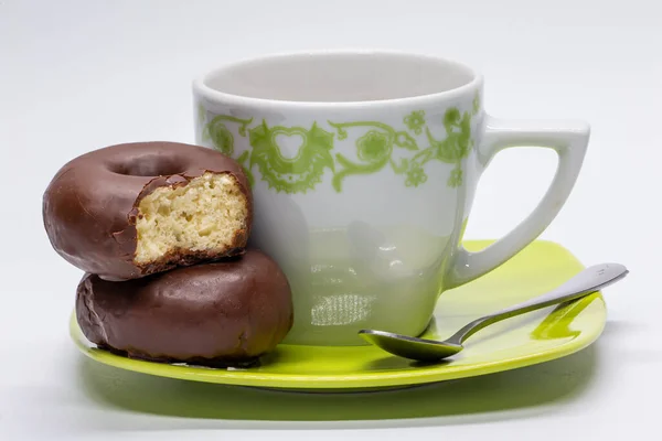 Chocolate Donuts Cup Coffee Snack Sugar Sweet Buns Craft Confectionery — Foto Stock