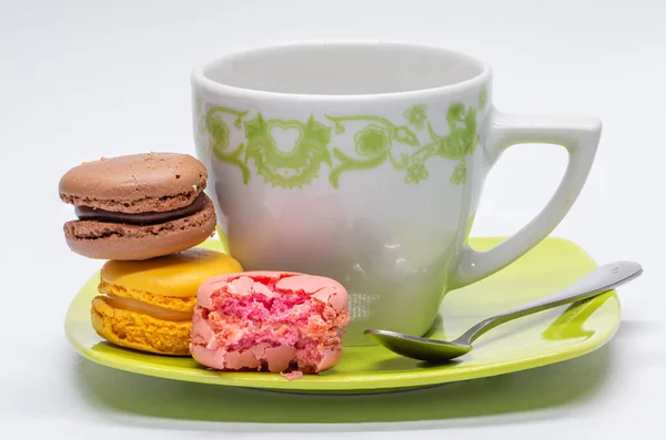 Macarons French Colored Cookies Filled Cream Cup Coffee Sweets Sugar — Foto Stock