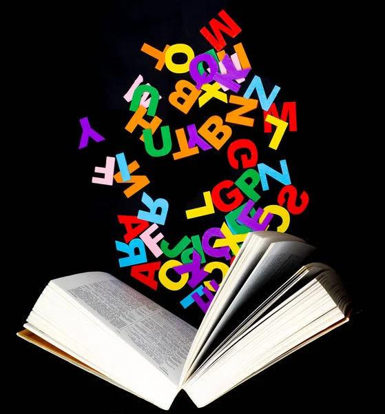 Open Book Colored Letters Coming Out Its Pages Fun Reading — 스톡 사진