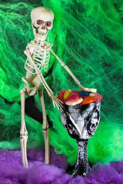 Halloween parties. Standing skeleton holding a cup full of candy. Day of the Dead. Mexican festivals.