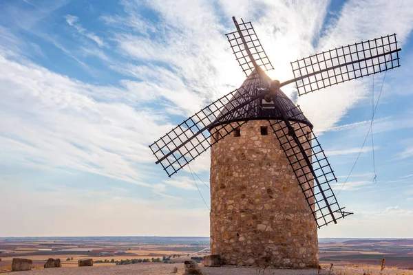 Stone mills with wooden blades to grind cereals. Buildings for agriculture. Landscapes of Castilla la Mancha in Spain.