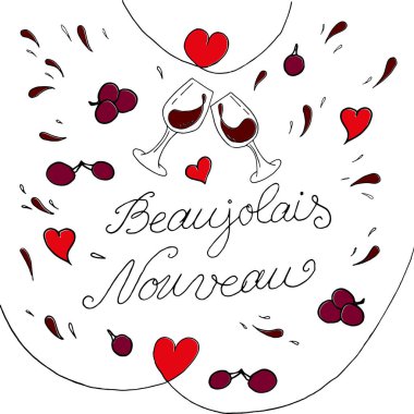 Beaujolais Nouveau harfleri. Fransa 'da yeni şarap festivali. Şarap ve yemek. Vektör illüstrasyonu.