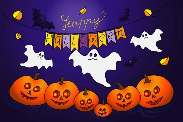 Joyeux Lettrage Vectoriel Halloween Avec Citrouille Chapeau Sorcier Fantôme Esprit — Image vectorielle