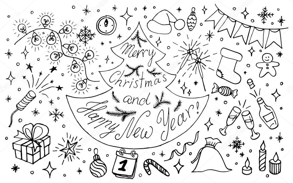Merry Christmas And Happy New Year lettering Elements Set. Hand drawn black doodle sketch outline. Vector illustration.