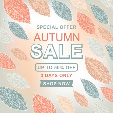 Sonbahar indirimi modern moda renkler poster tasarımı arka planda renkli yapraklar ve sonbahar alışveriş promosyonu için indirimli metin.