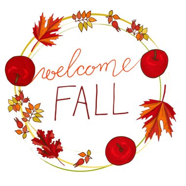 Sonbahar yapraklı sonbahar çelengi, elma, gül kalçası, akçaağaç. El çizimi metin harfleri. Suluboya vektör çizimi. Yazılı tebrik kartı, gömlek, afiş, poster tasarımı.