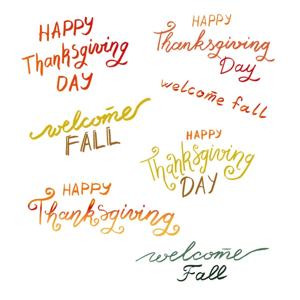 Handgezeichnete Lettering Thanksgiving Phrase Happy Thanksgiving Day Willkommen Herbst Happy — Stockvektor