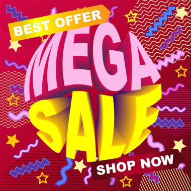 Web uygulaması afişi için Mega Satış. Parlak renklerde soyut yaratıcı arka plan. Kart, poster, davetiye ya da broşür için güzel tasarım. İndirim özel teklifi.