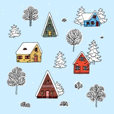 Kış manzarasının bir grup temsilcisi. Küçük ahşap bir evi olan Noel tatili tasarımı, Noel ağaçları, ağaçlar, çalılar. Mavi arka planda bir kış köyünün karalamaları.