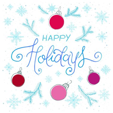 İçinde Noel ağacı, oyuncak ve kar olan bir Noel kartı. Instagram iletileri, tebrik kartları, afişler, posterler, izole vektör illüstrasyonları için harfler, Kar Taneleri ile mutlu tatiller metni