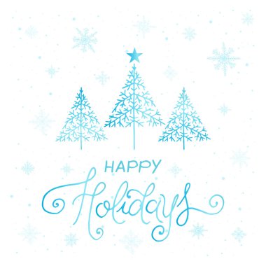 Noel ağacı ve karlı Noel kartı. Instagram iletileri, tebrik kartları, afişler, posterler, izole vektör illüstrasyonları için harfler, Kar Taneleri ile mutlu tatiller metni