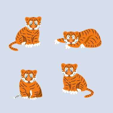 Beyaz arka planda şirin kaplan yavruları. Kaplan oturuyor, uyuyor, kuyruğunu sallıyor. Kartpostal, pankart, web, dekor, tasarım, sanat, takvim için moda illüstrasyon.