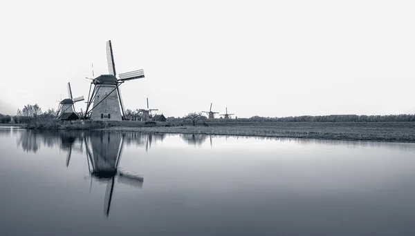 Větrné Mlýny Šedý Deštivý Den Kinderdijk Nizozemsko — Stock fotografie