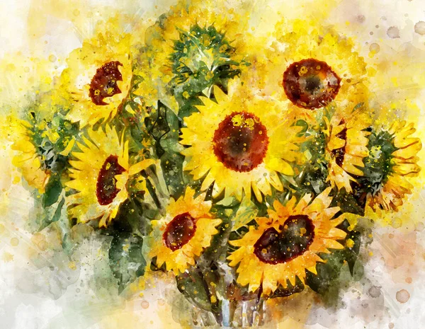 Sunflower Bouquet Blossom Painting Watercolor — Stock Photo, Image
