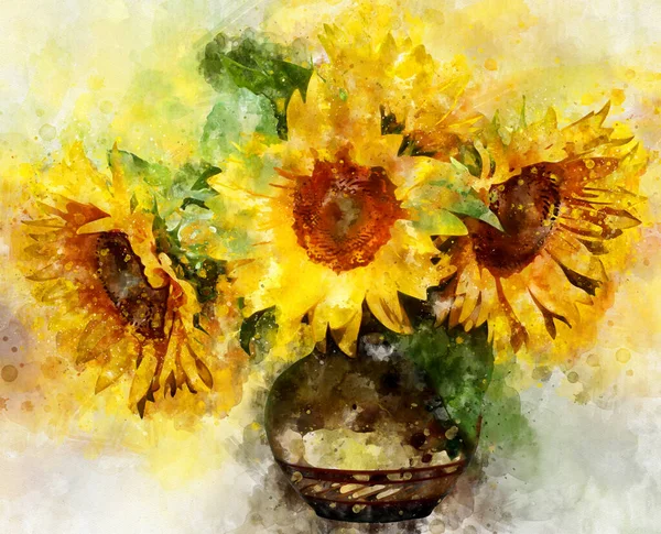 Sunflower bouquet blossom painting in watercolor.