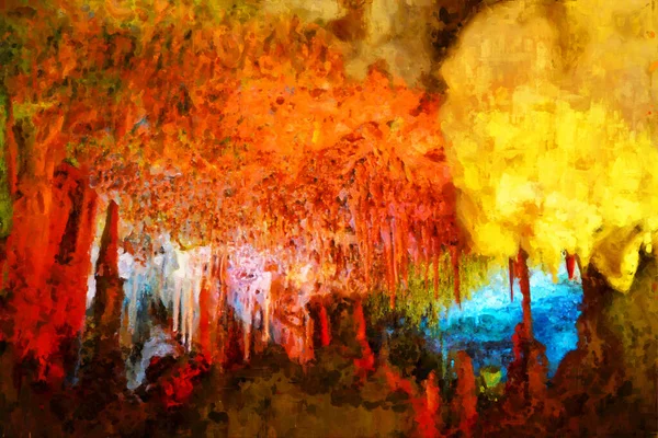 Mallorca 'daki renkli sarkık mağara. Boyalı.
