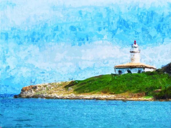 Farol Branco Far Alcanada Pequena Ilha Alcanada Perto Maiorca Pintado — Fotografia de Stock