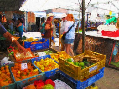 Mallorca 'daki Alcudia şehrinin resmi. Old Town 'daki haftalık pazarda meyve ve sebze tezgahları
