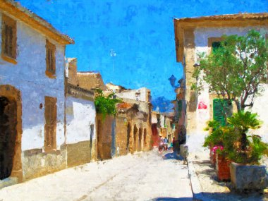 Mallorca 'daki Alcudia şehrinin resmi. Eski kasabadaki sokaklar. Alcudia 'da geleneksel evler.