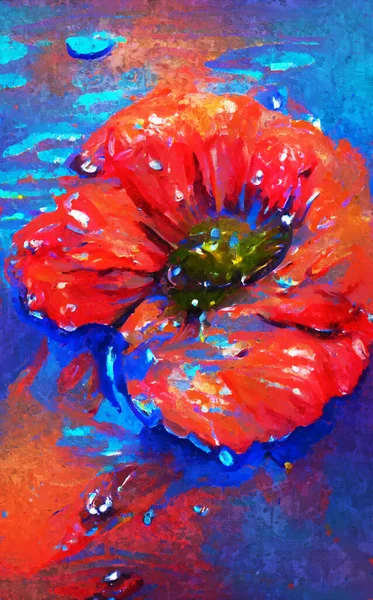 Red poppy and water drops. Abstract poppy flower paintings in acryl style.