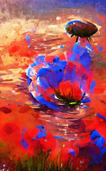 红罂粟和水滴 洋蓟式罂粟花画摘要 — 图库照片