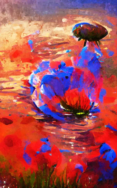 Red poppy and water drops. Abstract poppy flower paintings in acryl style.