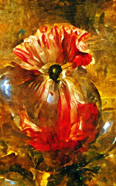 Painting of abstract red poppy with glass and water elements.