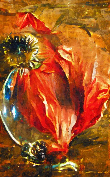 Schilderen Van Abstracte Rode Papaver Met Glas Water Elementen — Stockfoto