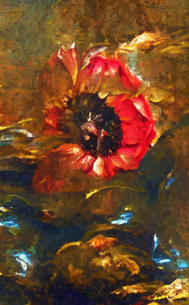 Painting of abstract red poppy with glass and water elements.