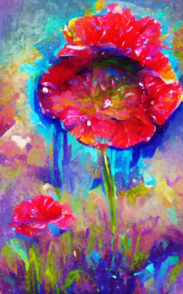 Painting of abstract red poppy with glass and water elements.